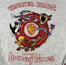 Vintage 90s Warner Bros. Looney Tunes Sweatshirt Sz L Embroidered Gray Crew Neck