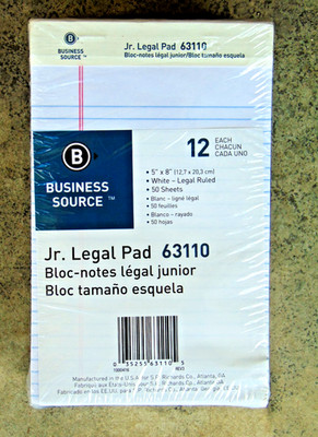 Business Source # BSN 63110 Jr. Legal Ruled Pad 8'' x 5'' 50 White Sheets /12 Pads