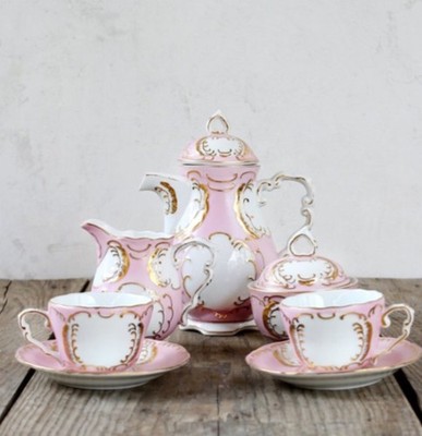 Rachel Ashwell Couture Shabby Chic Tea pot 5 PC sugar creamer cups saucer 24k go