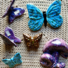 Vintage Ceramic Macrame Beads Butterfly  Mushroom 70  s Speckle Large Lot 6