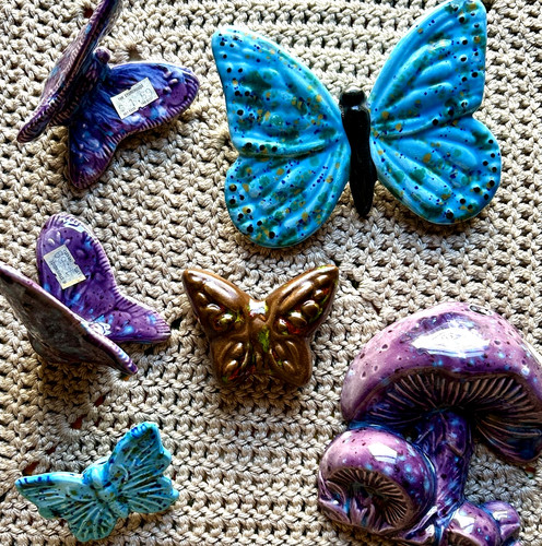 Vintage Ceramic Macrame Beads Butterfly & Mushroom 70’s Speckle Large Lot 6