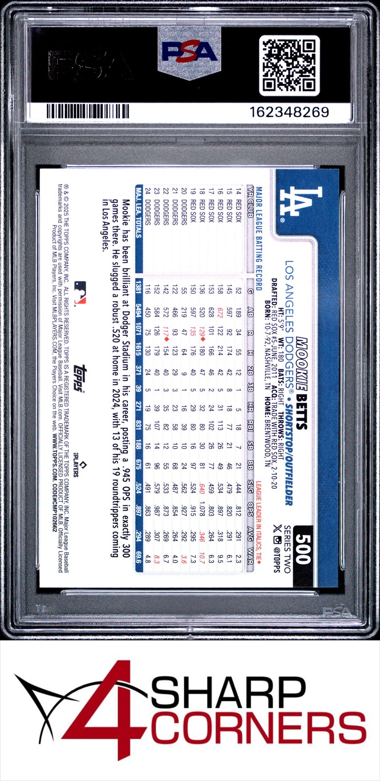 2025 TOPPS #500 MOOKIE BETTS DODGERS PSA 10 view 2