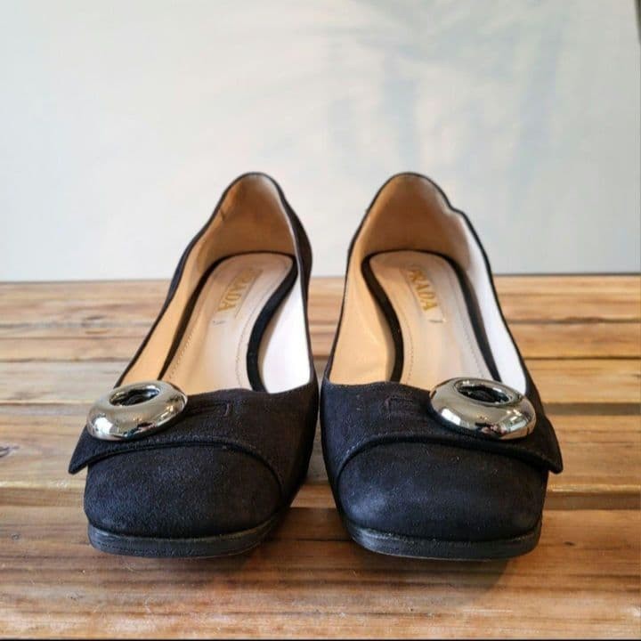 Rare PRADA Suede Pumps Black Silver Button Women's Shoes Size 22.0cm US 5 image 2