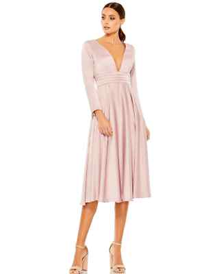MAC DUGGAL Rose Pink V-Neck Satin Pleated Empire Waist Midi Dress 6  (ALTERED) | eBay