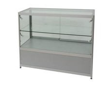 Thekenvitrine mit LED-Beleuchtung und Holzelemente Messevitrine Glasvitrine