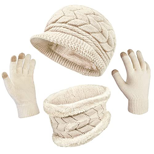3-Pieces Winter Hat Gloves Scarf Set, Knit Warm Beanie Hat Neck Warmer White - Picture 1 of 6