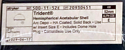 STRYKER DREIZACK HALBKUGELFÖRMIGE ACETABULARSCHALE 52mm E - JUN 2029 500-11-52E #20