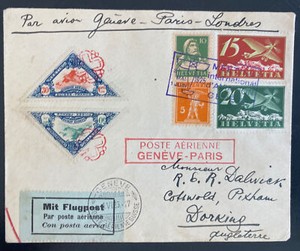 1925 Geneva Switzerland Early Airmail First Flight cover To England Via Paris