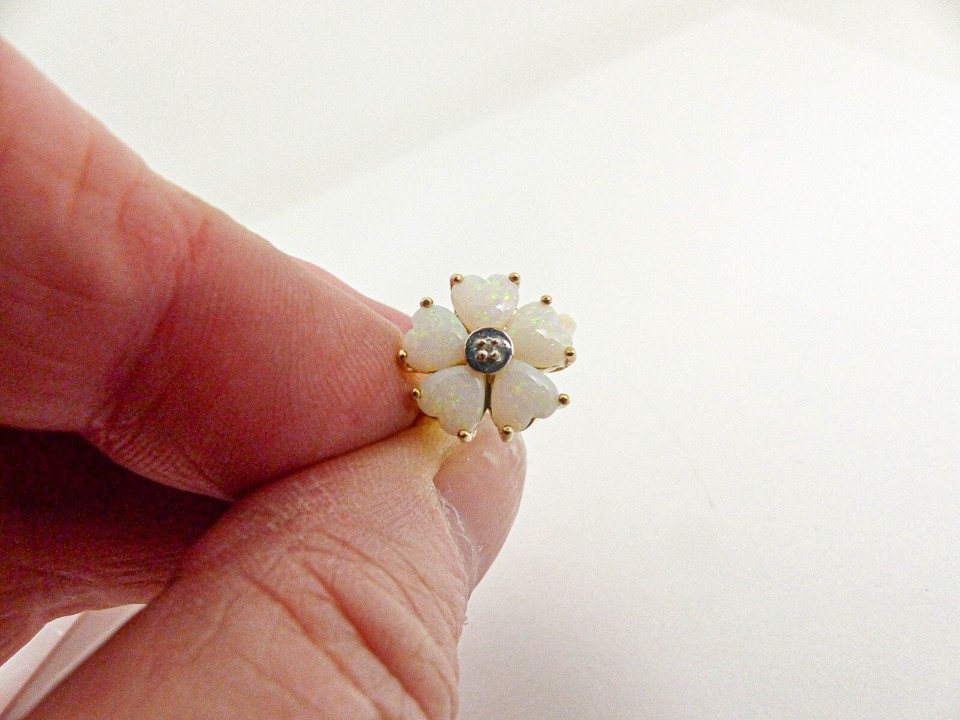 9ct Gold Opal Ring Diamond Hearts Cluster Hallmarked Size O with Gift