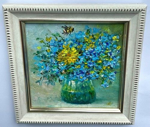 Bouquet Forget-me-not Original oil artwork Meadow flowers floral art 4х4in so - Picture 5 of 11