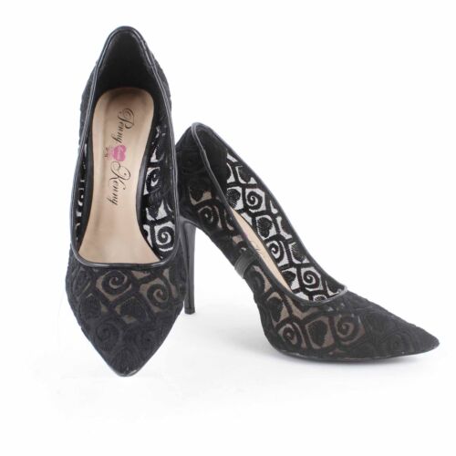 Penny loves Kenny Sz 9.5M Black Embroidered Sheer Mesh Point Toe High Heel Pump - Picture 1 of 7