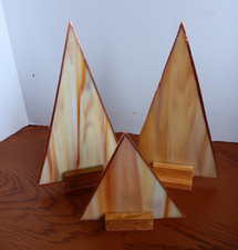 Repurposed Stained Glass Christmas Tree Figurines Set Of 3 Beige  Cream