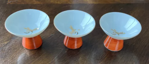 3 Tiny Vintage Japanese Fine Porcelain Sake Cups White & Red Gold Text