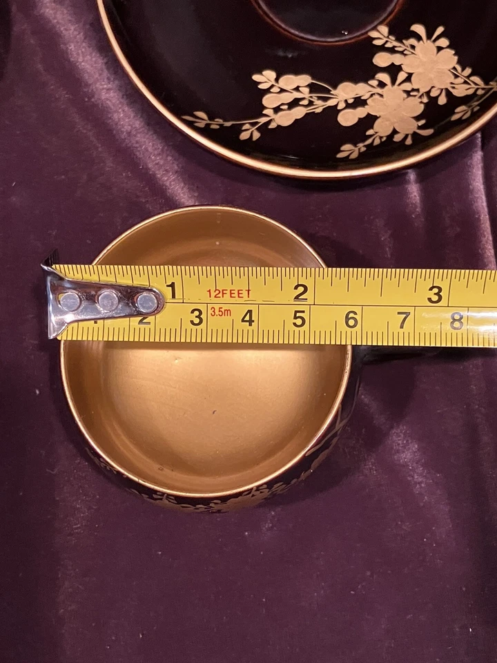 Vintage Japanese LACQUERED WOOD CUP & SAUCER SET 6 (2 cups missing handles - Image 4 of 4