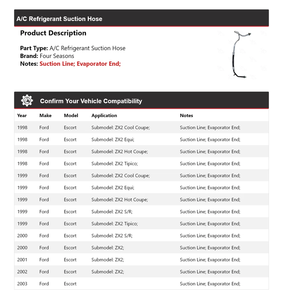 Manguera de succión de refrigerante aire acondicionado Ford Escort 1998-2003 4 estaciones 1999 2000 2001 Foto 2 de 4