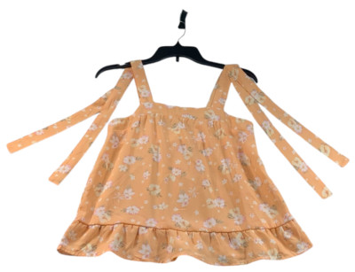 Hippie Rose Tank Top Womens Size Small  Orange Floral Tied Shoulder Smocked New
