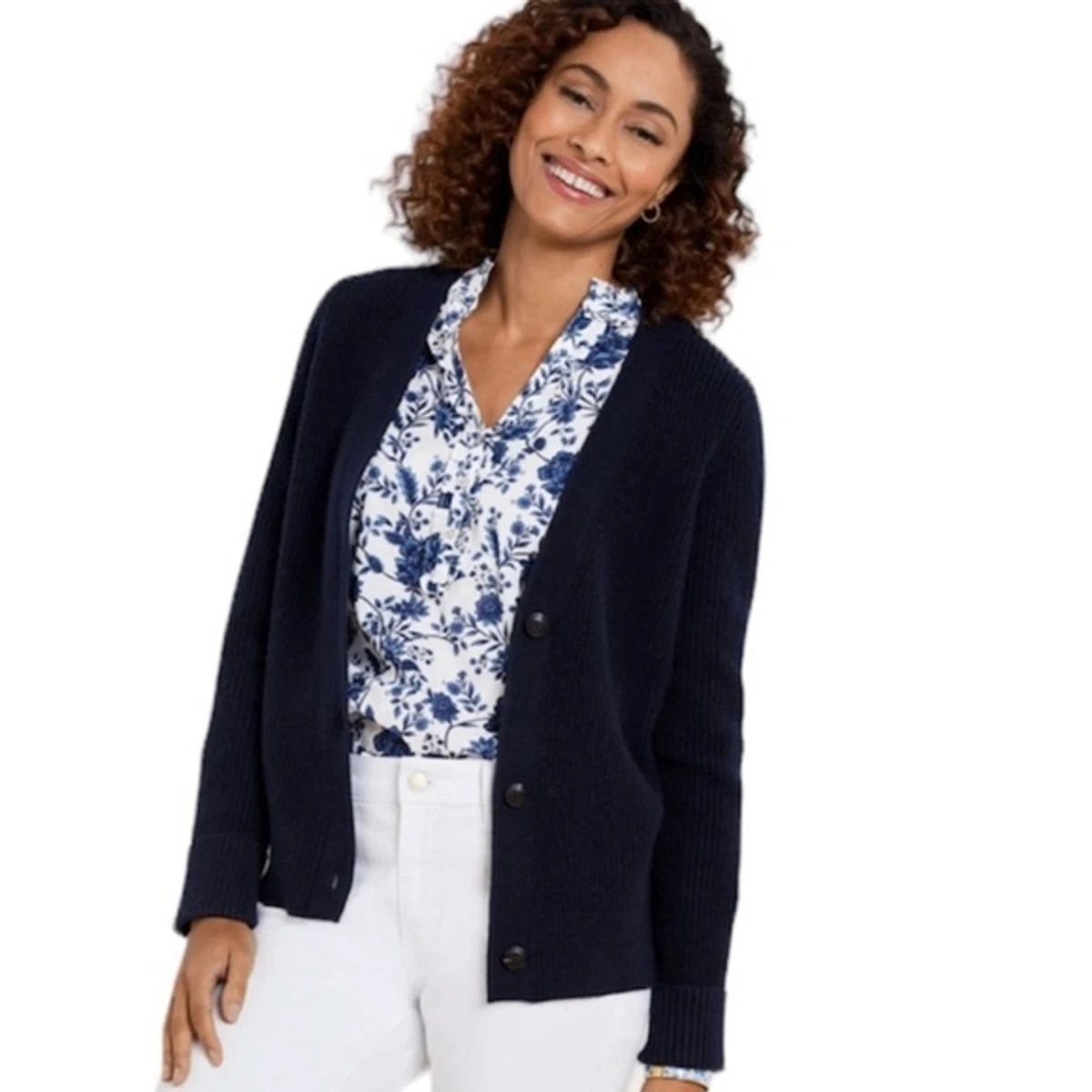 Talbots NWT Shaker Stitch Cuffed Back Cardigan in Navy Blue Size