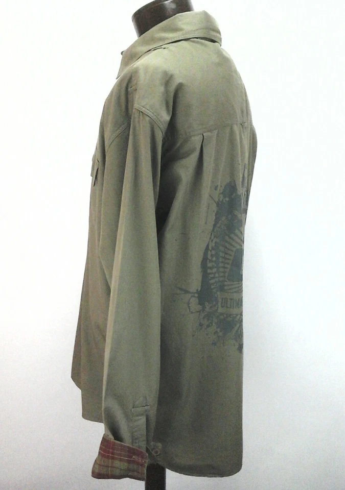 Camisa UFC MMA Lucha Militar Verde Logo Espalda L/S Abotonada Para Hombre XL RARA Foto 4 de 4