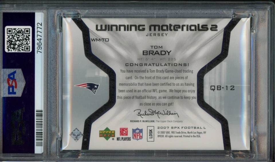2007 Tom Brady UD SPx Winning Materials 2 Jersey Patch 12 #WM-TO GAME USED PSA 9 - Image 2 of 2