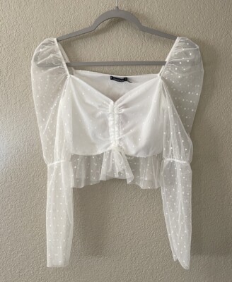 NWT Boohoo Ivory Dobby Mesh Puff Sleeve Tie Front Crop Top Size