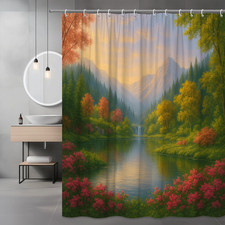 Nature Landscape Shower Curtain - Colorful Forest and Waterfall Design
