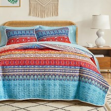 3 Pieces Colorful Boho Quilt Set King Size, Bohemian Striped Blue n Red Print...