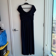 Alex Evenings Navy Blue Cowl Neck Matte Jersey Gown with Pleated Bodice