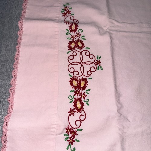 Vintage Hand-Embroidered Standard Pillowcases With Pink Floral Design Set Of Two - Picture 4 of 6