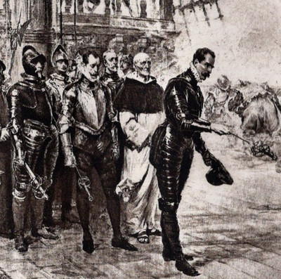 Spanish Admiral Wooden Warship Knights in Armor Battle 1892 Antique Engraving