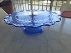 Vtg Colbalt Blue Depression Glass Laurel Leaf Scalloped Pedestal Cake Stand
