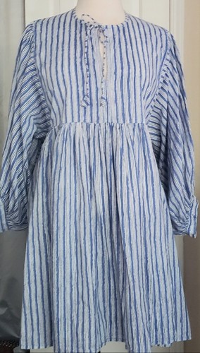 House of Sundar L Blue White Stripe Empire Dress Cotton India Peasant Boho