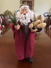 Vintage Old World Santa Holding Bear In One Hand And Berry Sprig In Other 12”