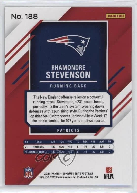 2021 Panini Chronicles Elite Update Red /399 Rhamondre Stevenson #188 Rookie RC - Image 2 of 2