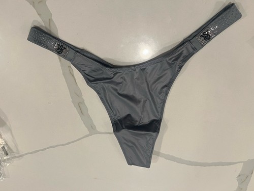 Victorias Secret VERY SEXY Thong Panty VS Bling Strap Gray Satin Large NWT - Picture 3 of 5