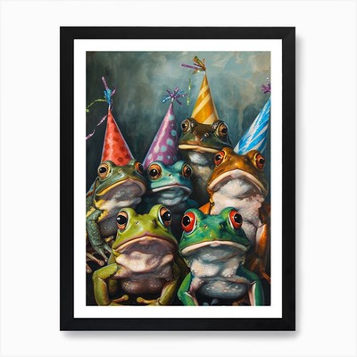Frösche im Partyhut Gemälde Stil gerahmt Wandbild Poster Leinwanddruck Bild