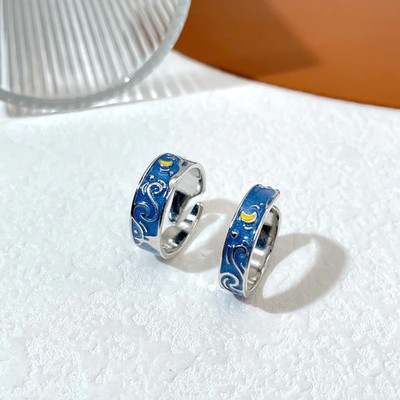 Adjustable Alloy Couple Ring Set With Blue Dripping Oil Finish Starry Sky
