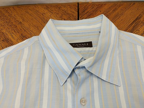 Canali Hemd Herren Extra Large grau blau gestreift Knopfleiste runde Manschette - Bild 4 von 13