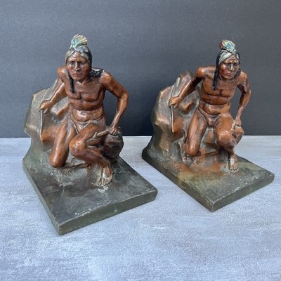 Antique Native American Indian Bookend Statues c1920s Seated Figure Gilded Set 2