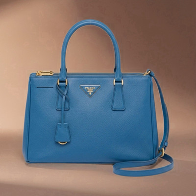 PRADA Blue Saffiano Satchel Top Handle Zip Bag Gold HW Detachable Strap