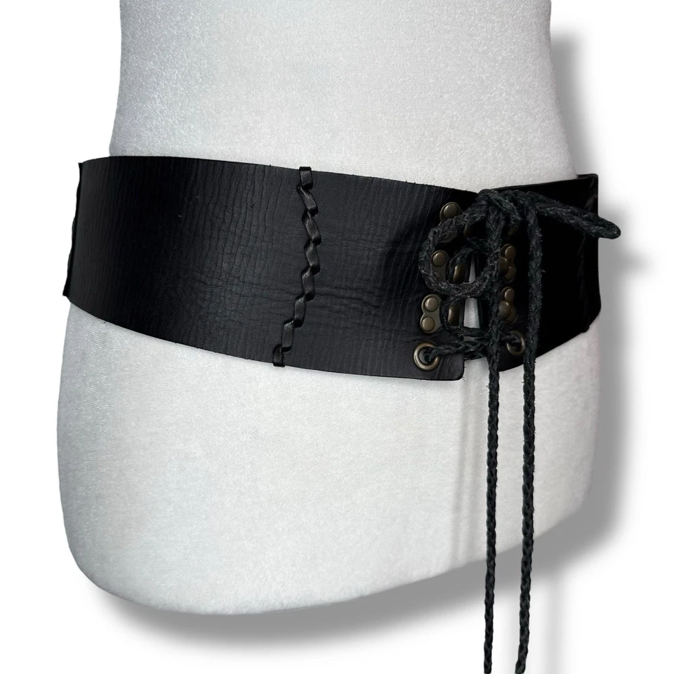 Cinturón de cintura corsé de cuero negro hecho a mano Linea Pelle vintage 38 ancho con cordones Foto 3 de 4