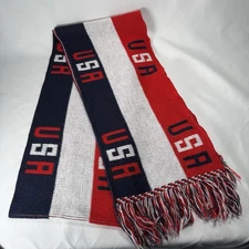 Vintage Knitmakers USA Patriotic Scarf Red White & Blue Fringe Sweater Knit