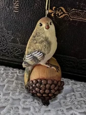 Glazed ceramic bird on acorn hanging ornament for Fall, Christmas,anytime 2.5" L