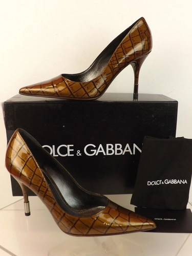 NIB DOLCE & GABBANA BRONZE BROWN CROCO PRINTED PATENT LEATHER PUMPS 40 ITALY