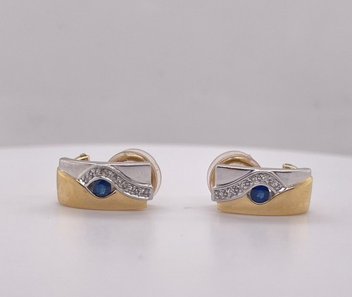 0.26ct Natural Sapphire & Diamond Hoop Omega Back Earrings 14K White/Yellow Gold - Picture 3 of 8