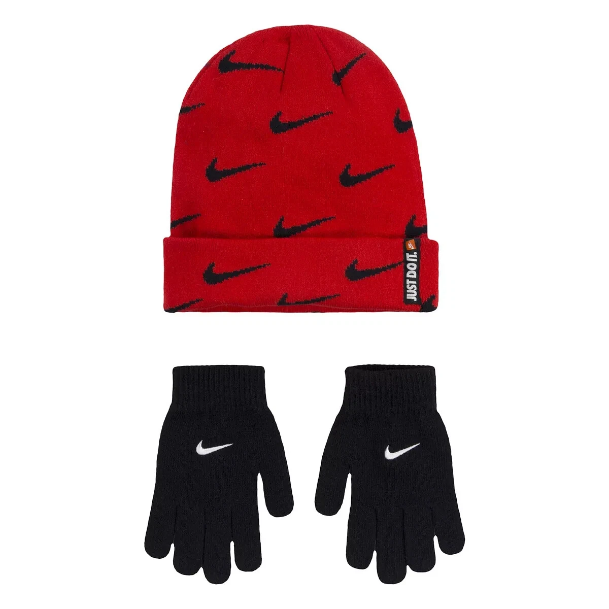 NIKE JORDAN UNISEX SOFT STRETCH FOLDED Beanie GLOVES SET Black RED