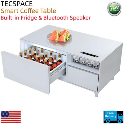 Ginkman Smart Coffee Table with Built-in Fridge and Bluetooth Speaker (White)