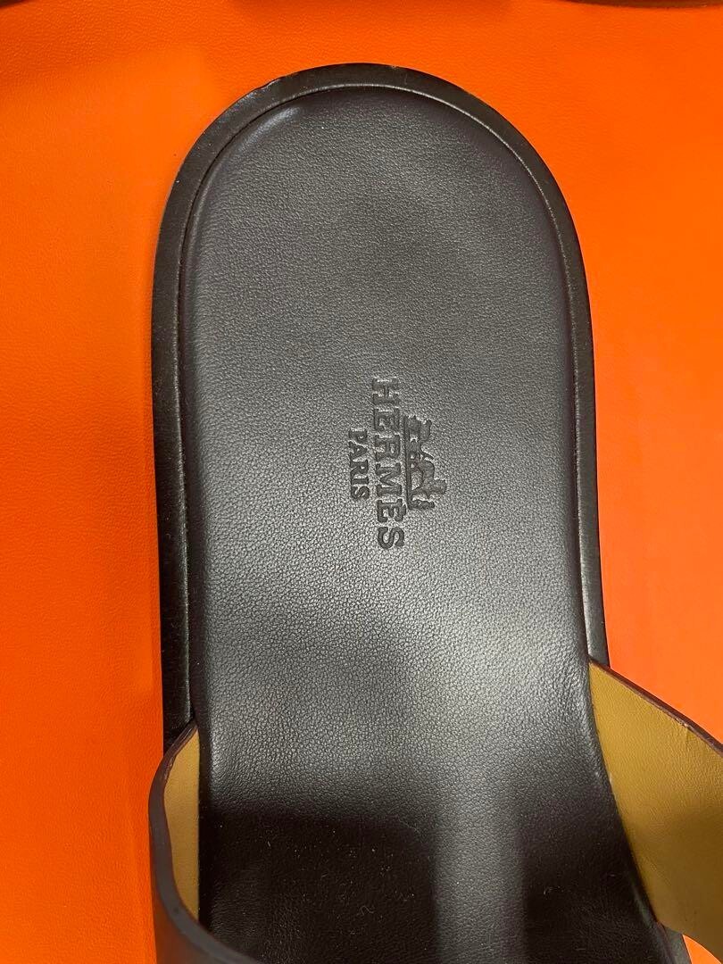 HERMES Leather H Logo Flat Sandals Mules Shoes Men Size 43 Dark