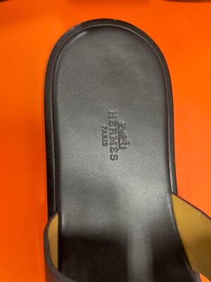 HERMES Leather H Logo Flat Sandals Mules Shoes Men Size 43 Dark