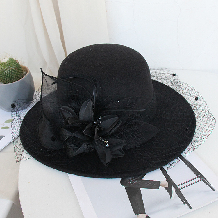 Women Vintage Winter Wool Felt Bucket Cap Retro Elegant Church Bowler