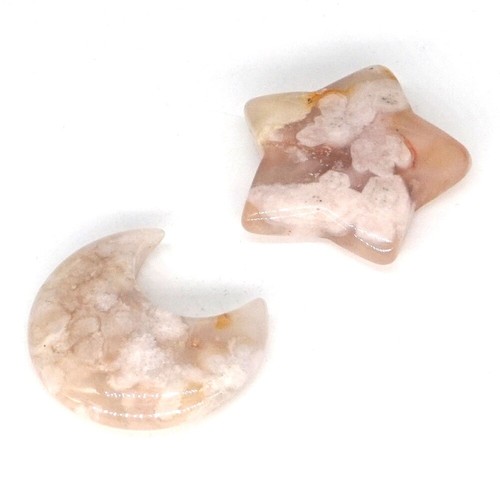 A Pair Of Moon And Star Natural Gems Blossom Agate Crystal Reiki Healing Decor - Picture 2 of 5